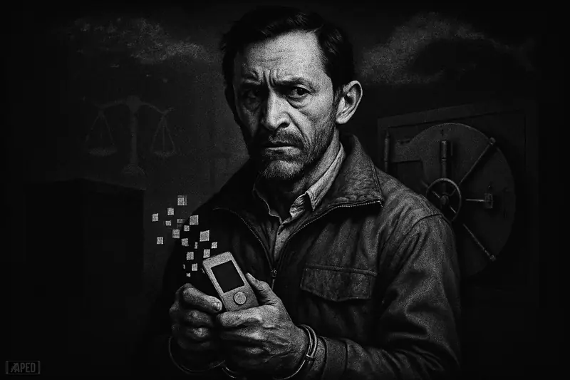 Caricature-like photorealistic Clifton Collins in handcuffs, clutching a wallet device as data streams into a steel custody vault under a dark grid.