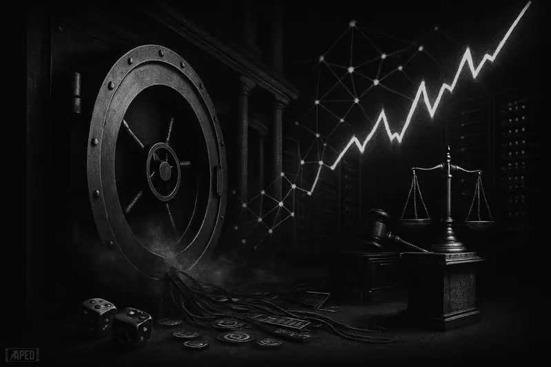 A vault-like backstage doorway pulls casino props into a bank-server world, with a lightning price line and regulation symbols in dark grayscale.