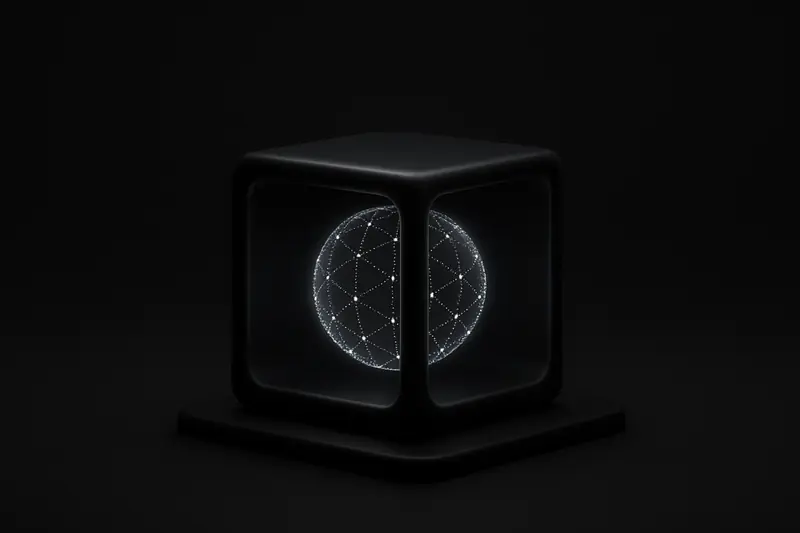 Glowing magenta dotted sphere suspended inside a transparent dark glass cube, surrounded by faint neon grid lines on black background