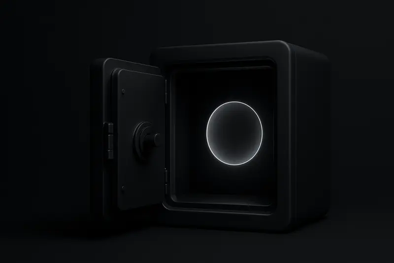 Dim police evidence locker room with an open black lockbox, scattered tags, and a glowing coin-shaped void fading into darkness.