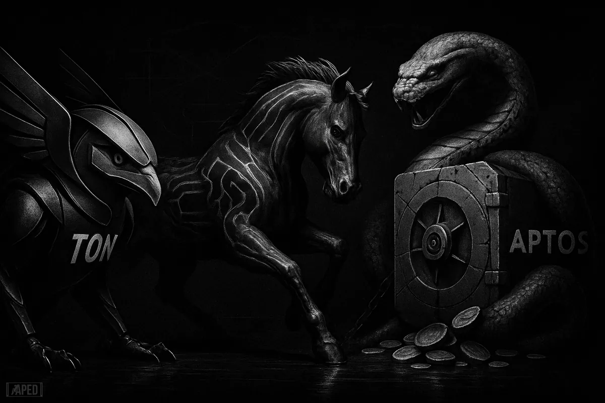 Three grayscale crypto creatures clash in a dark scene: an armored beast, a charging cyber stallion, and a serpent around an opened vault.