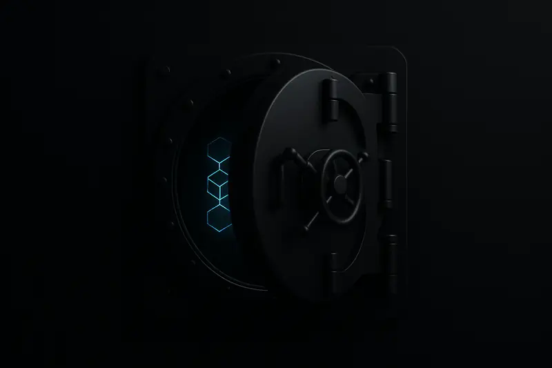 Matte-black vault door left slightly open, spilling thin neon circuit-like light into a dark, minimalist space