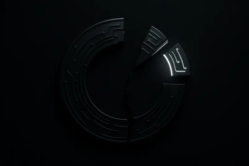 Dark abstract circular circuit ring split by a jagged crack, with a bright fragment floating away on black.