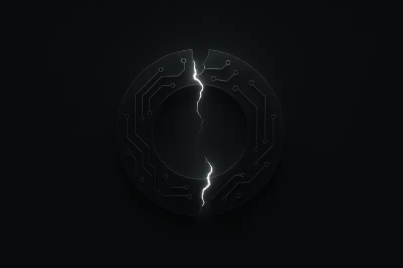 A dark circular neon circuit ring split by a jagged crack, with fading data lines drifting into black space.