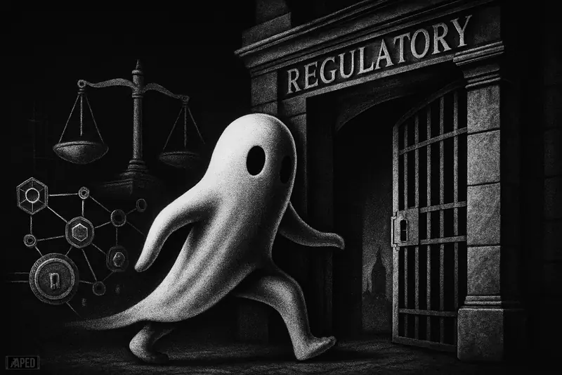A ghostlike DeFi figure steps through a heavy regulatory gate with London motifs, surrounded by justice scales and dark networked finance imagery.