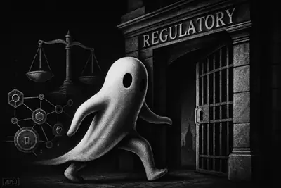 A ghostlike DeFi figure steps through a heavy regulatory gate with London motifs, surrounded by justice scales and dark networked finance imagery.