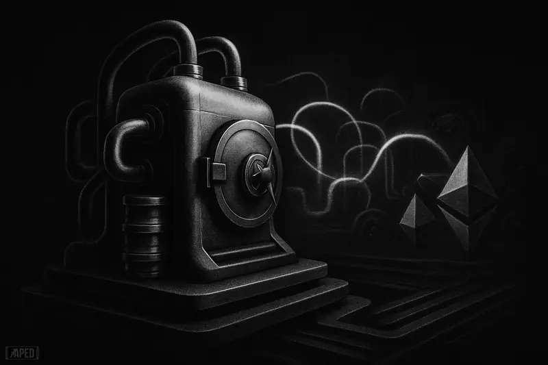 A giant metallic lending machine connects into a layered blockchain platform amid dark grayscale DeFi infrastructure and Ethereum-like crystal forms.