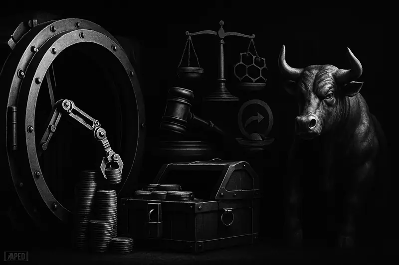 An open vault, treasury machinery, governance symbols, and a rising mechanical bull in a dark grayscale financial scene.
