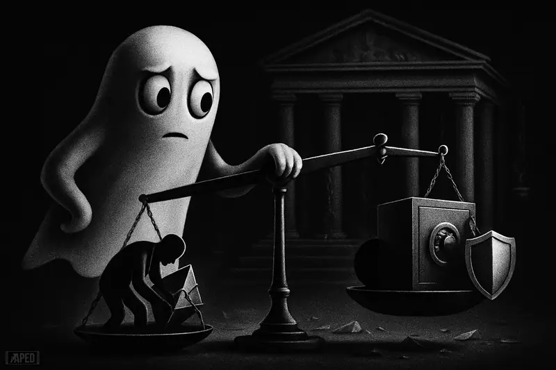 A ghostly finance mascot stands by a tilted scale as borrower risk buckles under pressure before a dark central-bank backdrop.