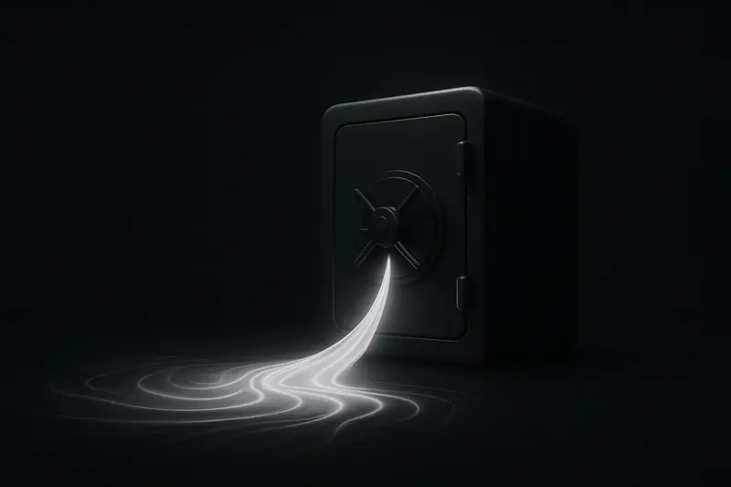 On a black background, a luminous teal wave of particles flows into a dark metallic vault with subtle circuit patterns.