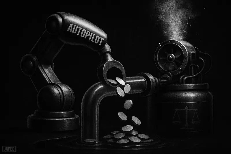 A robotic autopilot arm lifts unmarked tokens from a still pool into a turbine vault, suggesting stablecoin idle liquidity turning into yield.