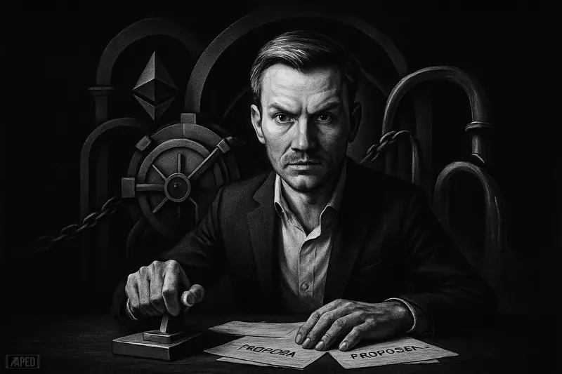 Stani Kulechov sits at a dark table before a looming DeFi machine, poised to trigger a launch in a moody grayscale scene.