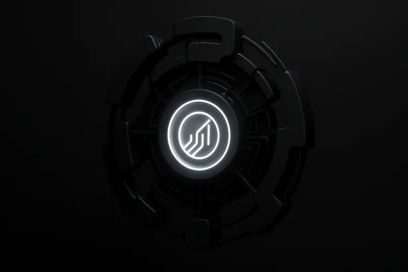 A glowing gold coin core with circuit-like rings and fragmented gears reassembling around it on a black background.