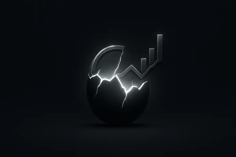 A luminous coin-like pod splitting open, releasing a sharp neon line graph across a dark, star-dusted background.
