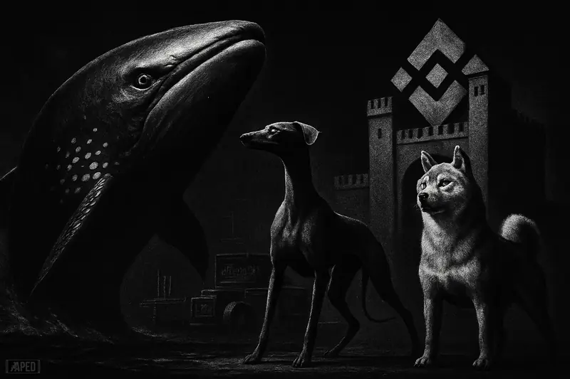 A giant whale charges toward a dark exchange fortress, flanked by a tense hound and a powerful Shiba Inu in grayscale.