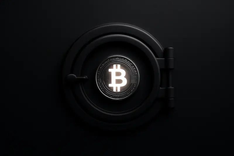 A matte-black safe door cracked open, revealing a single glowing coin and faint circuit-like lines in the darkness.