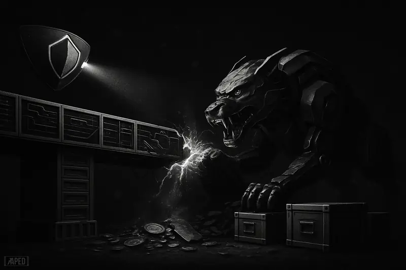 A futuristic broken bridge is clamped shut by a mechanical guardian while a scanning shield drone oversees recovered assets in darkness.