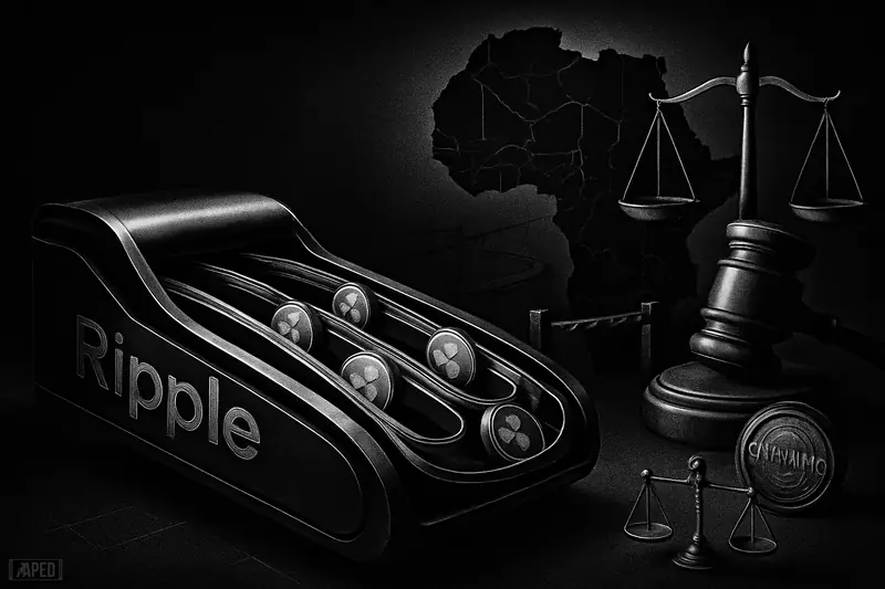 A metallic ripple-like machine drives stable tokens through regulated routes across an Africa-shaped financial network in a dark monochrome scene.