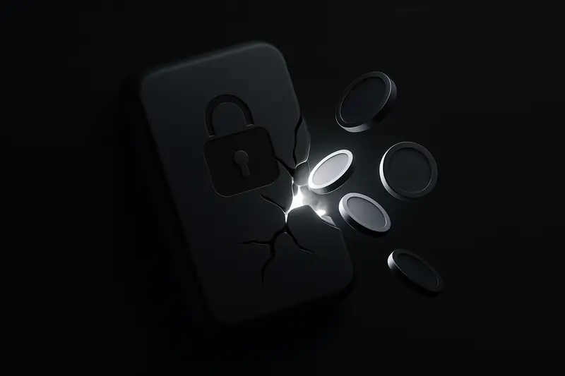 A shattered metal vault in shadow, spilling bright gold and blue coin-like lights into a dark, smoky background.