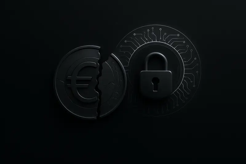 A dark euro coin split down the middle, transforming into a glowing padlock and circuit ring on black.