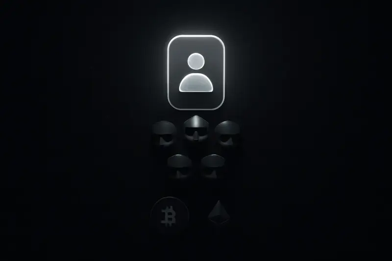 A neon-lit digital passport icon casts a holographic seal over floating geometric masks and data shards on a black background.