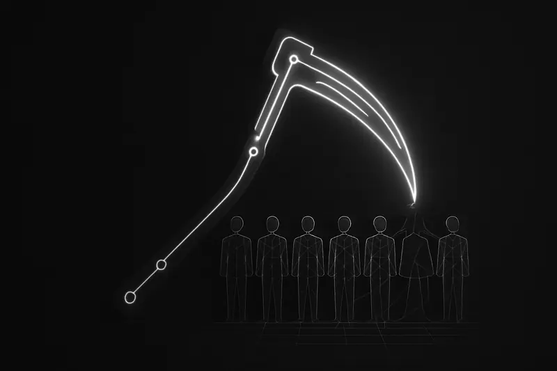 On a black background, a neon circuit-shaped scythe slices through fragile wireframe figures dissolving into pixel-like dust.