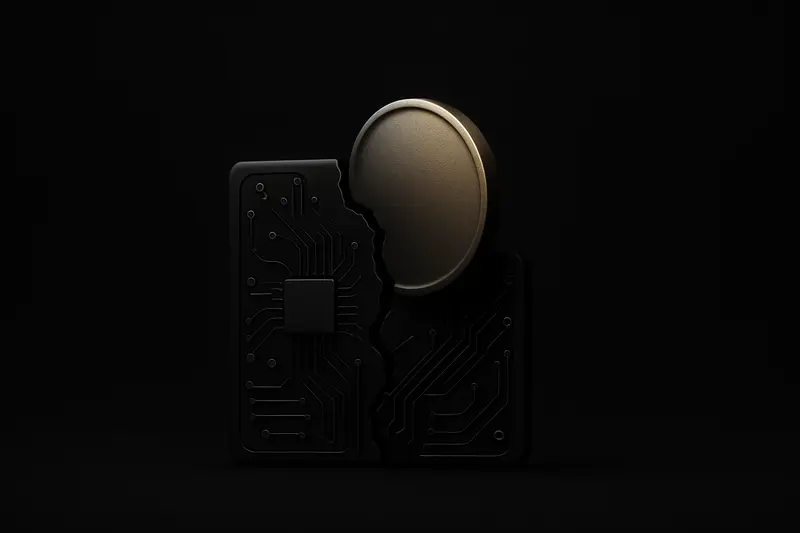 Glowing gold coin emerging from fractured black circuit traces, with red warning pulses and faint upward light on a dark background.
