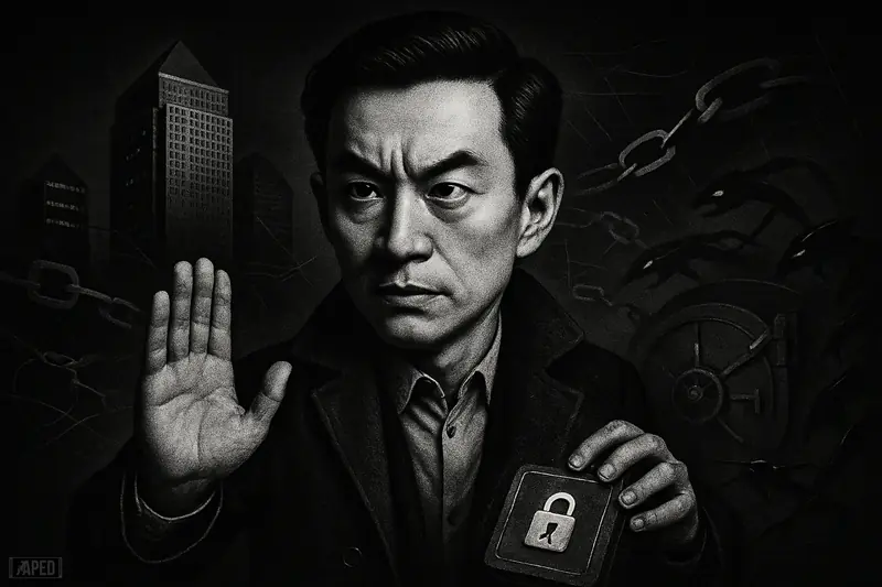 Ronghui Gu stands protectively before dark finance towers and broken blockchain bridges as mechanical hacker forms emerge from the shadows.
