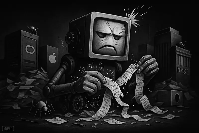 A strained humanoid machine repairs torn code amid server racks, debugging robots, and shredded drafts in a dark grayscale data-grid scene.