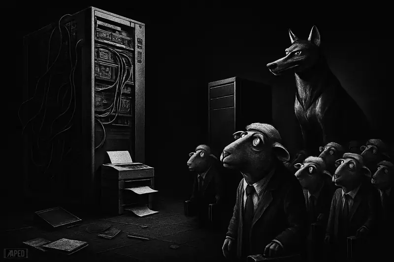 A huge wasteful server looms over frustrated corporate sheep, while one efficient mechanical wolf prospers in a dark grayscale boardroom.