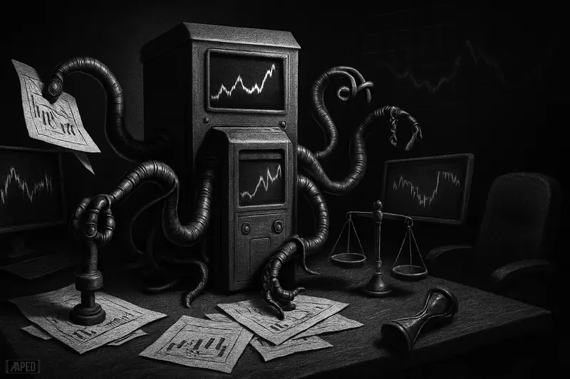 A sinister automated trading machine juggles market tools beside an empty chair, evoking AI-driven investing, speed, and hidden risk.