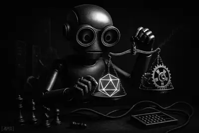 A grayscale robotic trader balances a scale over a dark desk, surrounded by market symbols, servers, and a tense bull-bear struggle.