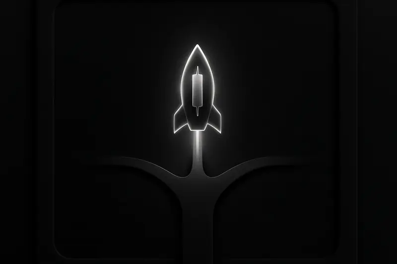 Neon-green candlestick rocket shoots upward, then meets a split arrow path over a dark grid with faint network nodes.