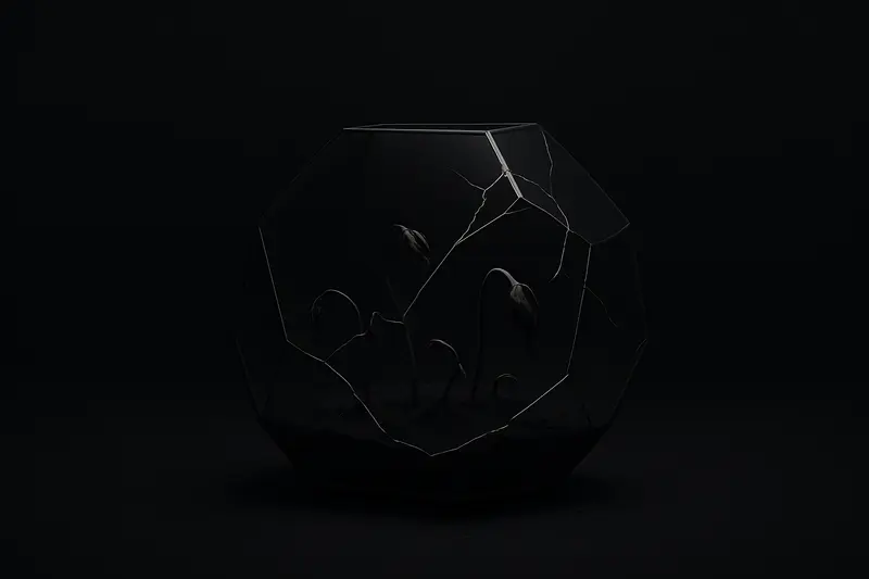 Cracked glass terrarium on a black background, faint neon circuitry inside, with small seedlings wilting under a fading glow.