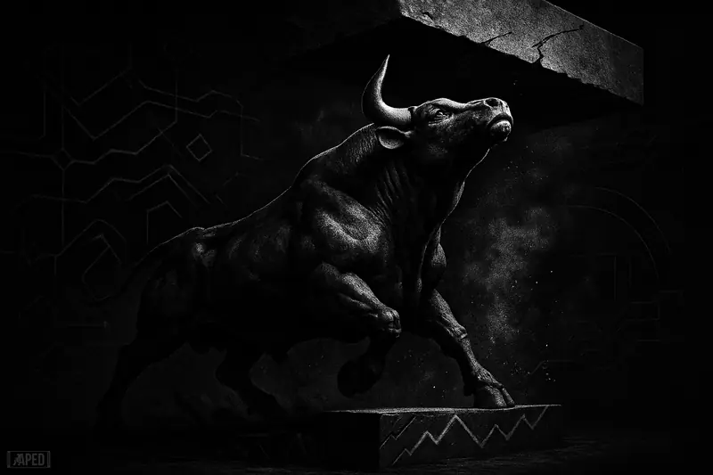 A monochrome bull caricature strains upward beneath a cracking ceiling, with dark data-grid background and rising debris suggesting a bullish breakout.
