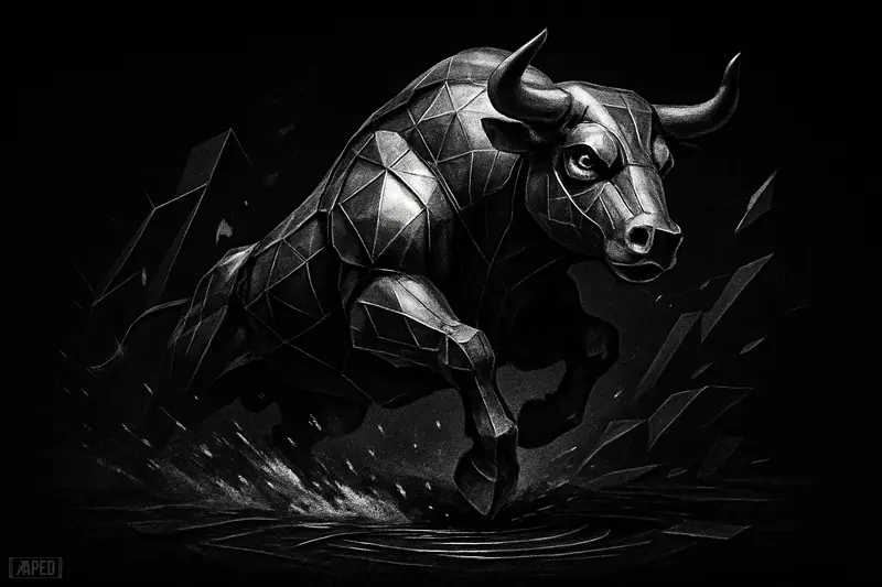 A metallic bull bursts upward from a dark liquid pool amid shattered market geometry on a black data-grid background.