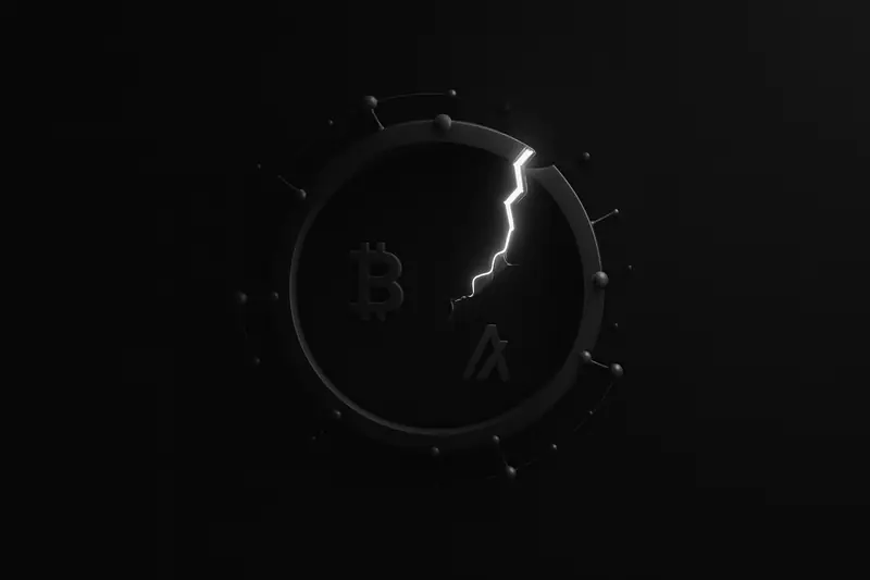 A dark background with a luminous circular circuit ring, several nodes dimming and breaking into drifting particles.