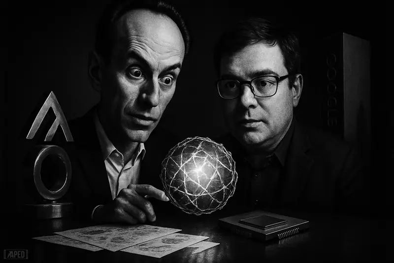Two exaggerated researchers in a dark editorial scene examine a glowing quantum security sphere, with crypto and big-tech symbolism behind them.