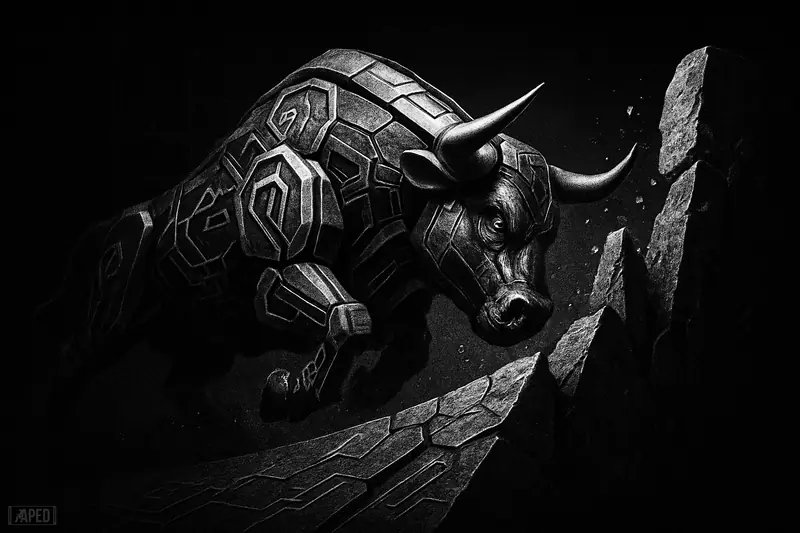 A grayscale mechanical bull charges uphill toward a dark stone barrier on a data-grid background, symbolizing a crypto rally testing resistance.