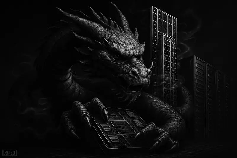 A dragon-like server creature coils around towering GPU racks in a dark grayscale data-center scene with ominous cinematic lighting.