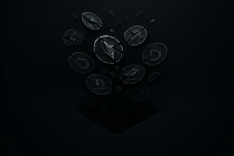 Broken glowing coin fragments drift downward into a deep black void, with faint red price grid lines fading behind them.