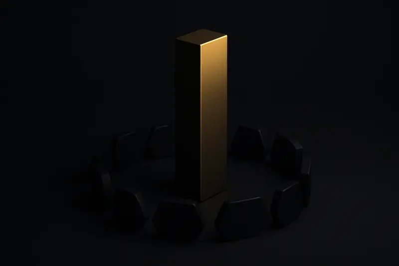 A bright golden pillar dominates a dark field, casting shadow over a scattered circle of smaller glowing fragments.