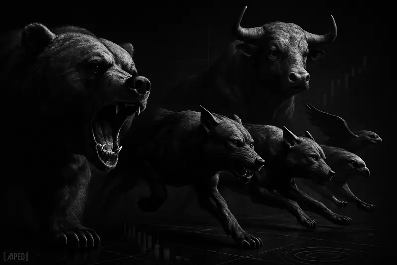 A grayscale pack of fierce animals rushes past a recoiling bear as a looming bull rises behind them on a dark data-grid backdrop.