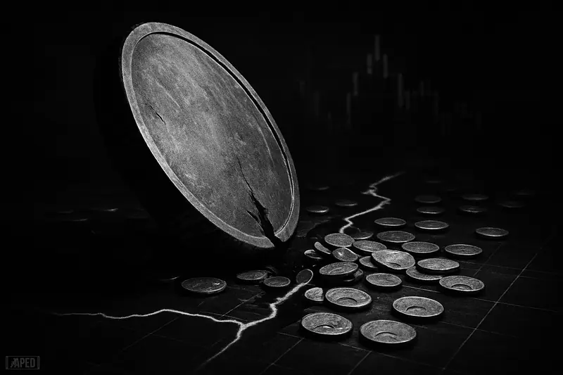 A heavy coin monolith crushes a cracked chart-floor as many small blank tokens tumble into darkness over a faint data grid.