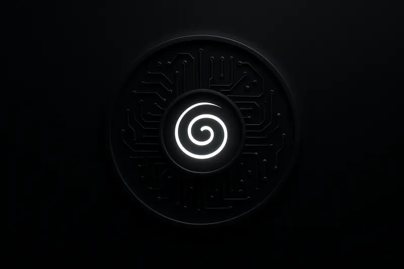 Dark cover showing a neon-blue spiral glyph embedded in a metallic circuit ring, with faint geometric proof lines on black.