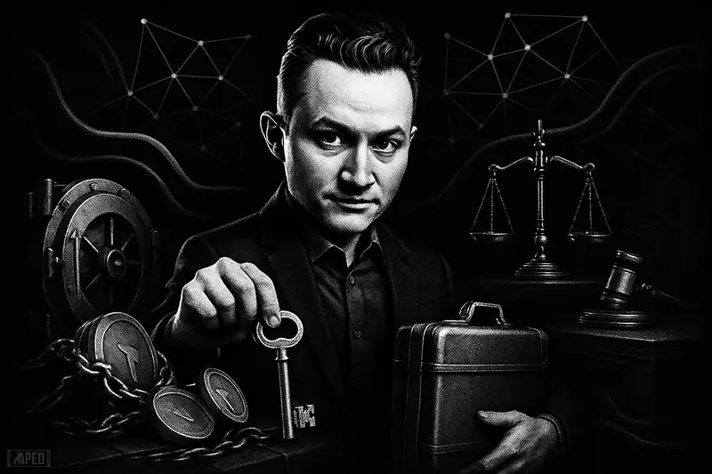 Photorealistic grayscale caricature of Justin Sun before a bank vault, holding a key and custody case amid gavel, scales, and network nodes.