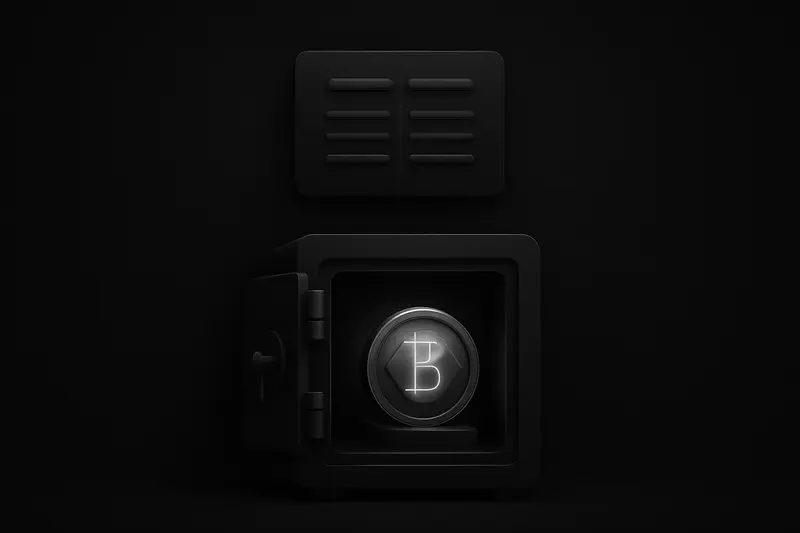 A dark steel bank vault door partially open, revealing a glowing coin-like bond symbol with faint circuit lines on black.
