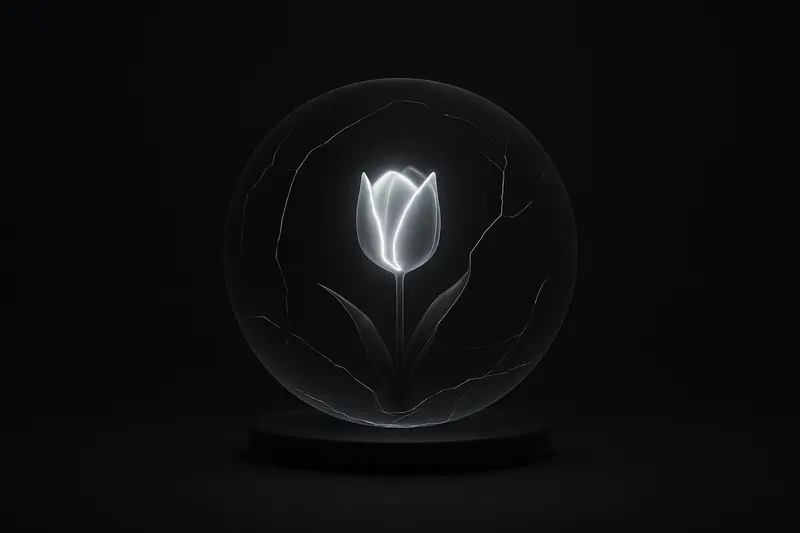 A luminous tulip-shaped crystal trapped inside a cracked glass sphere, hovering above a dark grid with faint neon price waves.