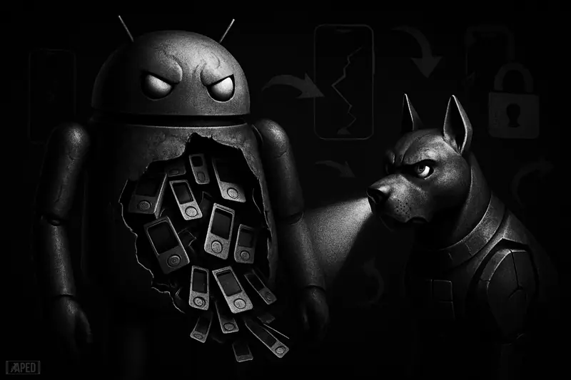 A cracked Android-like robot spills wallets while a metallic watchdog investigates in a dark grayscale scene of mobile crypto security failure.