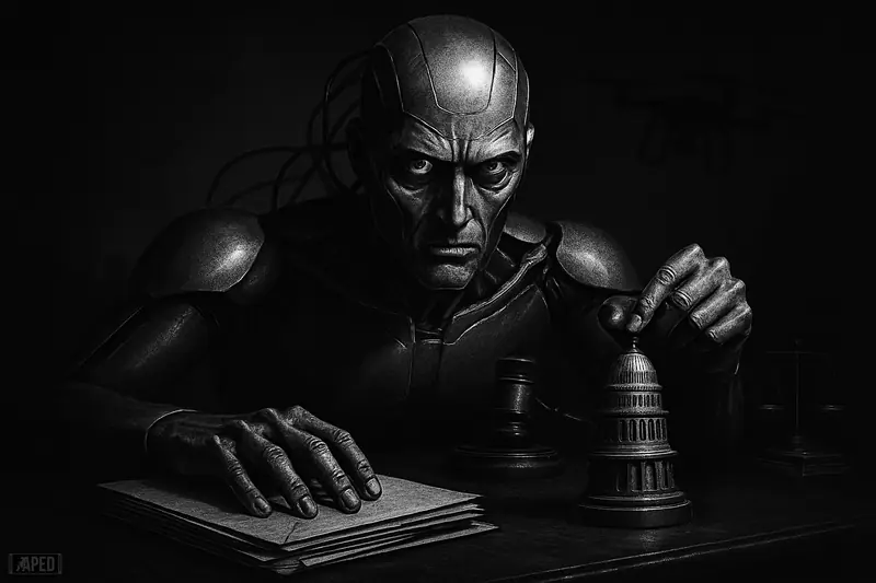 A stern humanoid AI figure sits at a shadowy power table with political and regulatory symbols in a dark grayscale scene.